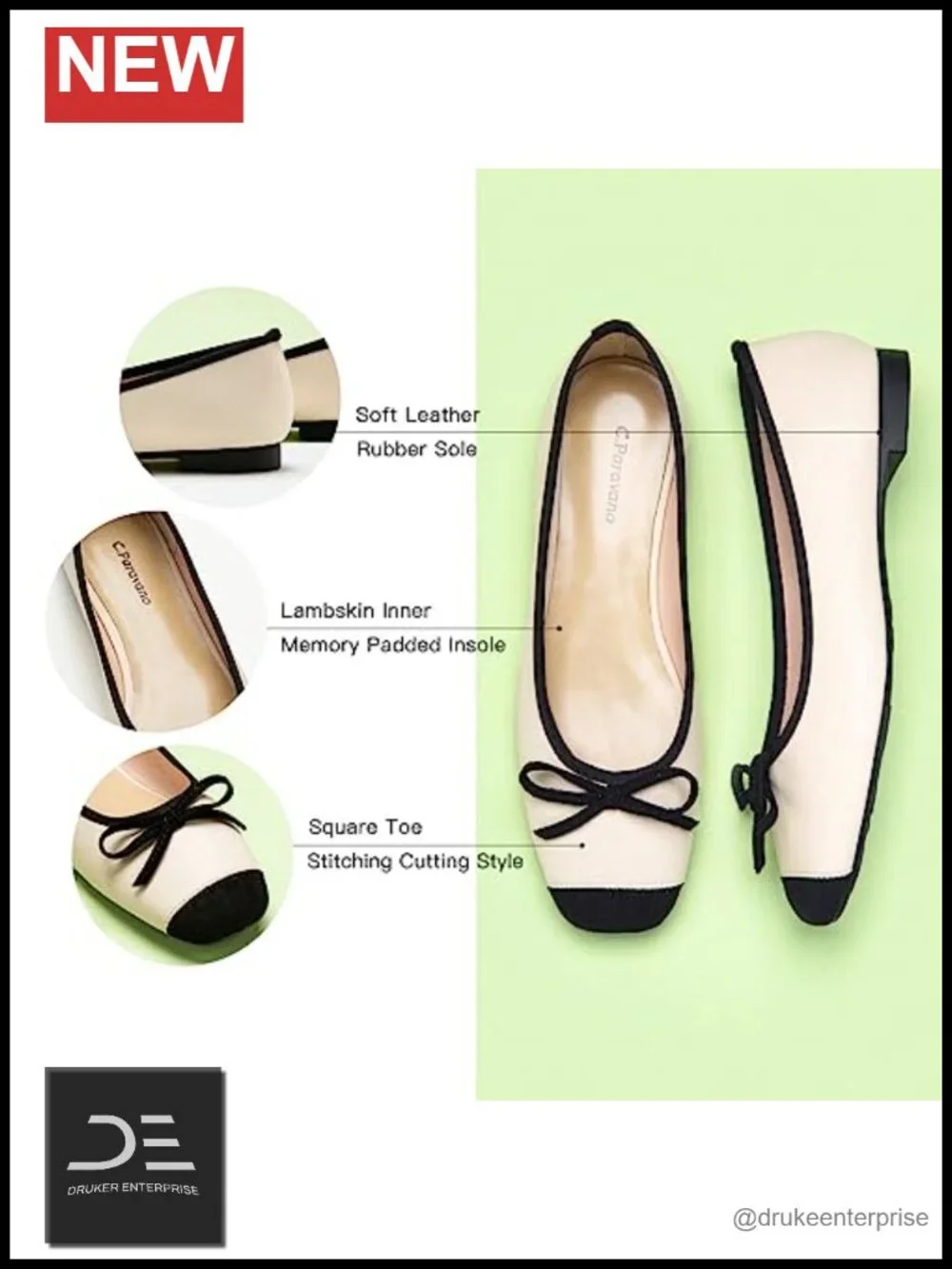 Women's Square Toe Bow Ballerina Flats Lambskin Leather Slip-On